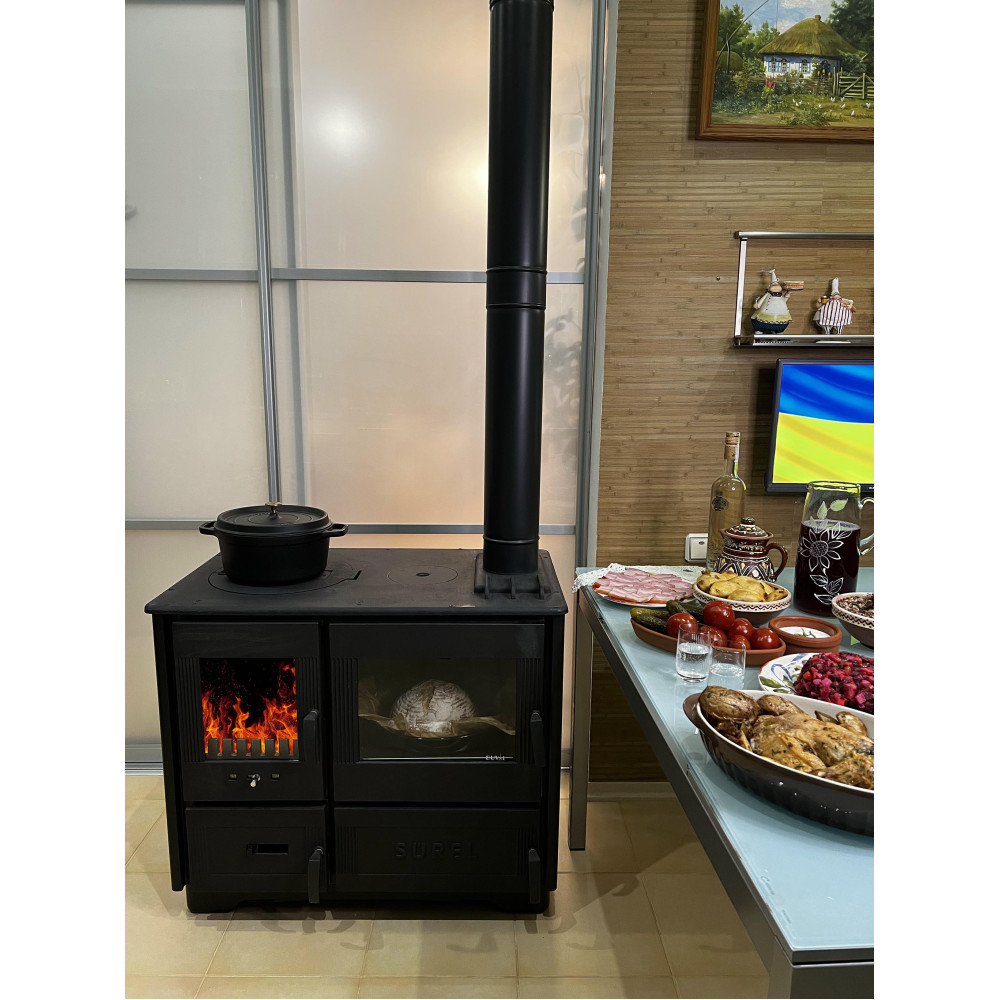 Піч буржуйка камін 10 кВт, Duval EK-5136BL зі склом та духовкою